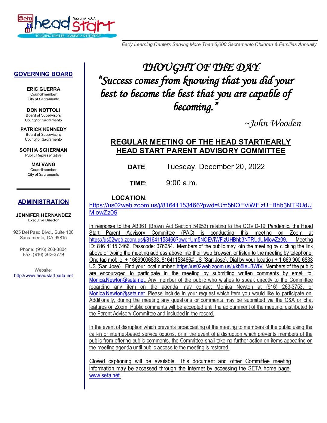 Head Start/Early Head Start Parent Advisory Committee 12/20/2022