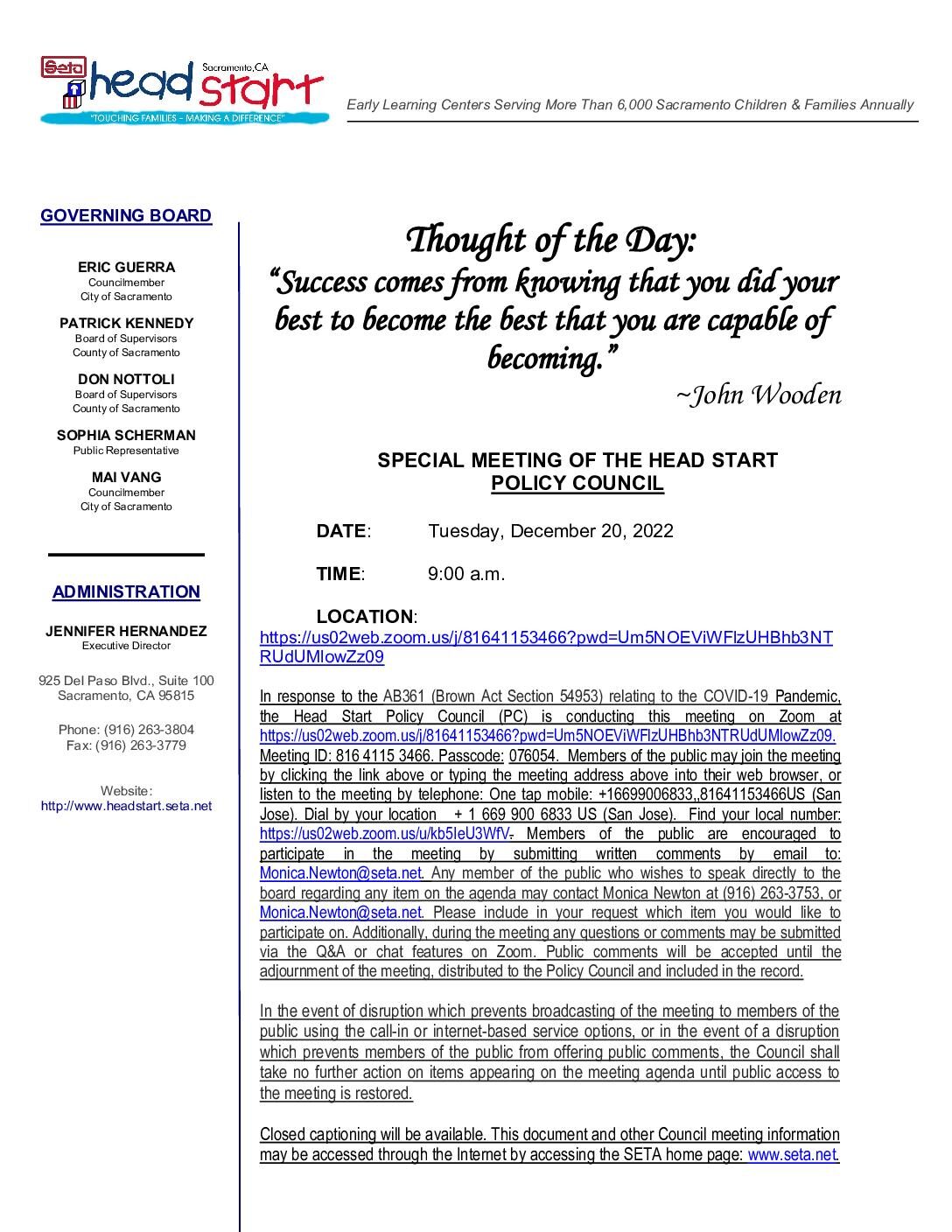 Special Meeting Head Start Policy Council 12/20/2022