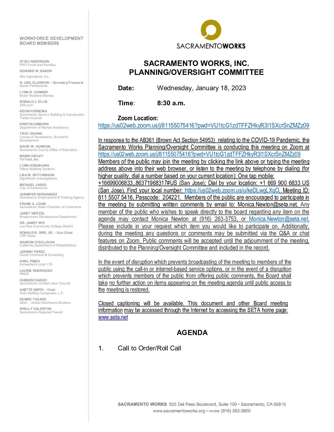 Sacramento Works Planning/Oversight Committee 01/18/2023