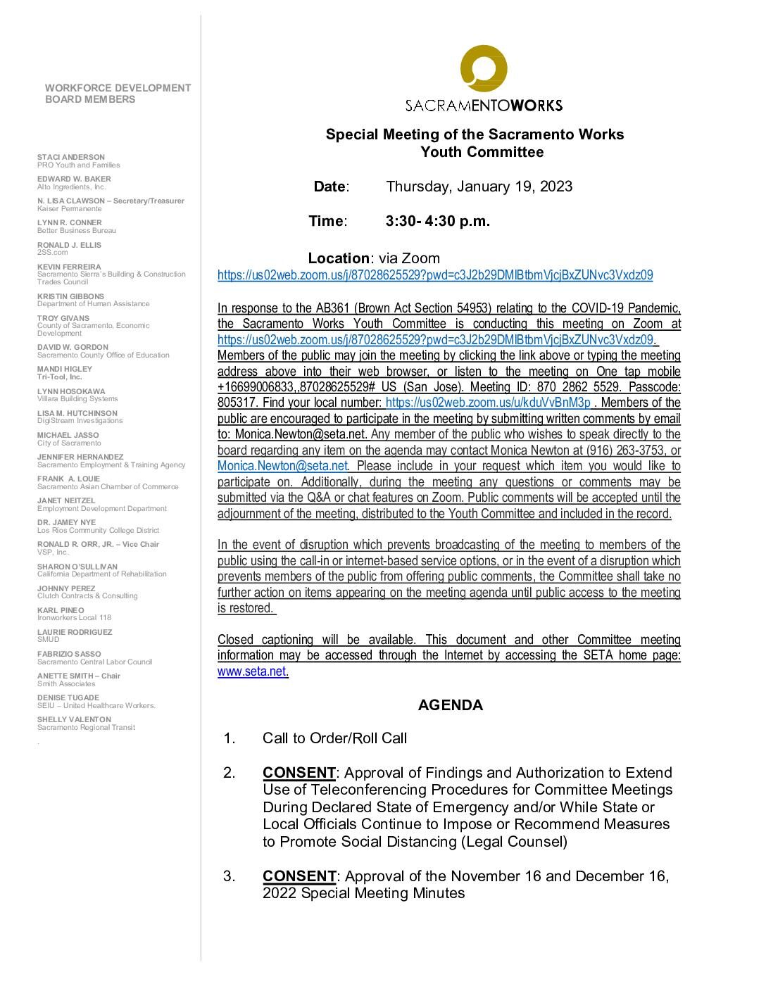 Special Meeting of the Sacramento Works Youth Committee 01/19/2023