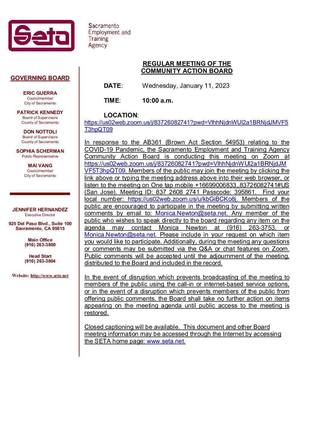 Regular Meeting of the Community Action Board 01/11/2023