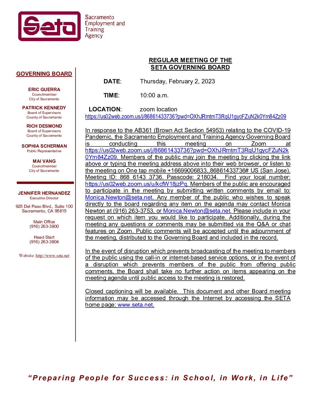 Regular Meeting of the SETA Governing Board 02/02/2023