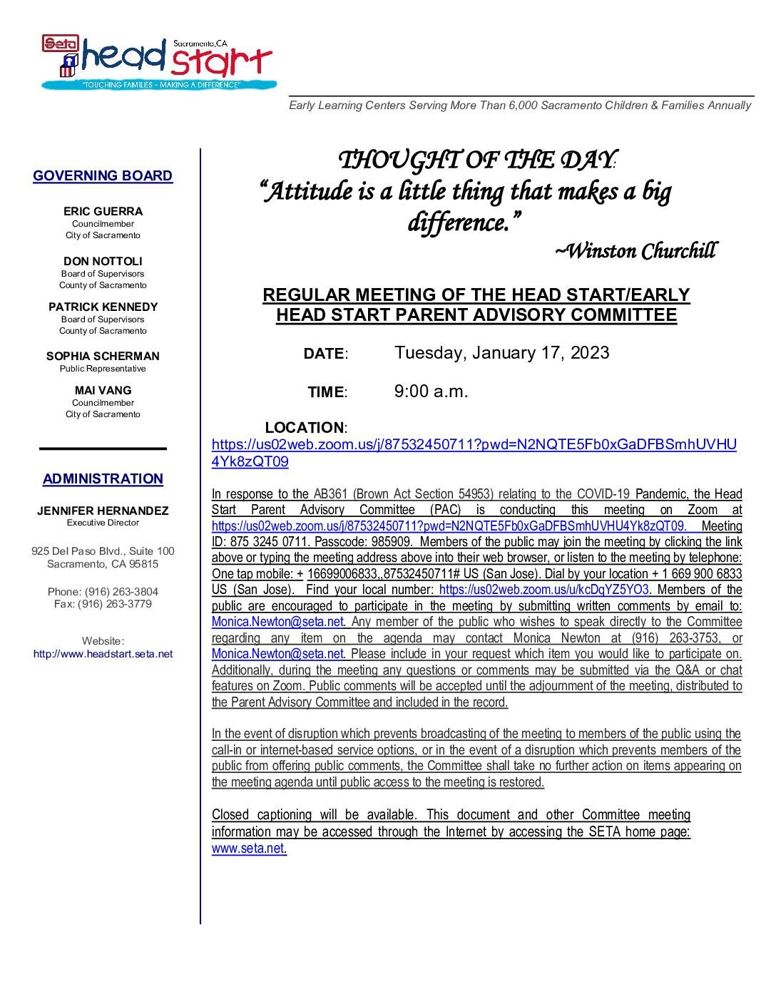 Head Start/Early Head Start Parent Advisory Committee 01/17/2023