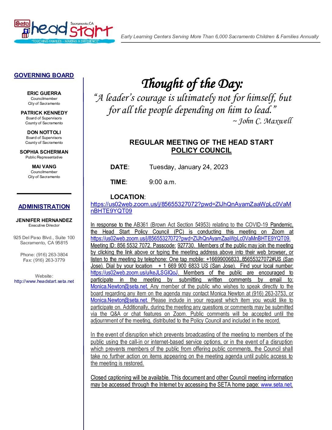 Head Start/Early Head Start Policy Council 01/24/2023