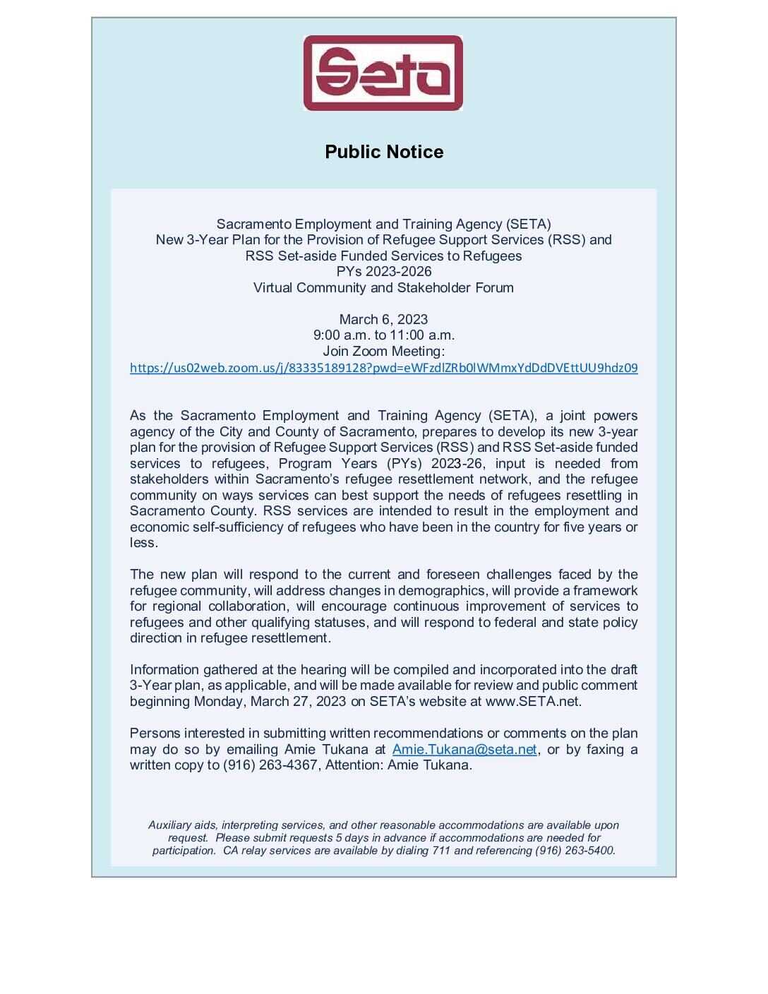 Notice of Public Input Meeting / New 3/Year Plan for RSS and RSS Set/aside Programs