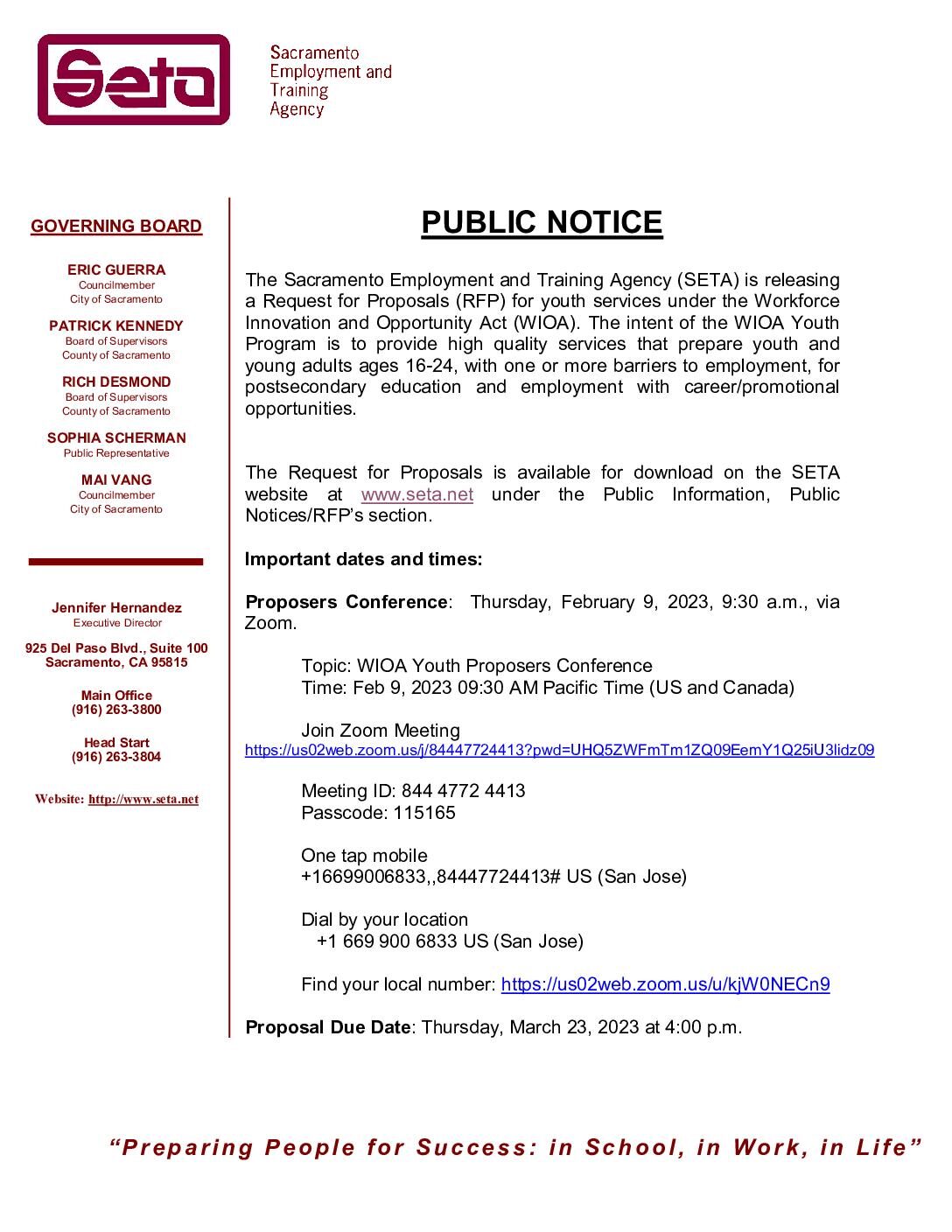 Public Notice of Release of Proposals for WIOA Youth Program Services 2023/2027