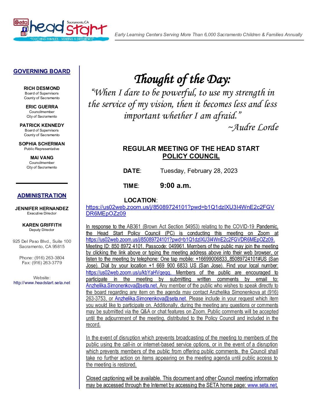 Revised Agenda / Head Start/Early Head Start Policy Council 02/28/2023