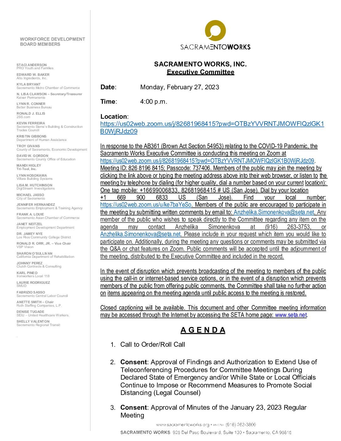 Sacramento Works Executive Committee 02/27/2023 (Meeting Cancelled)