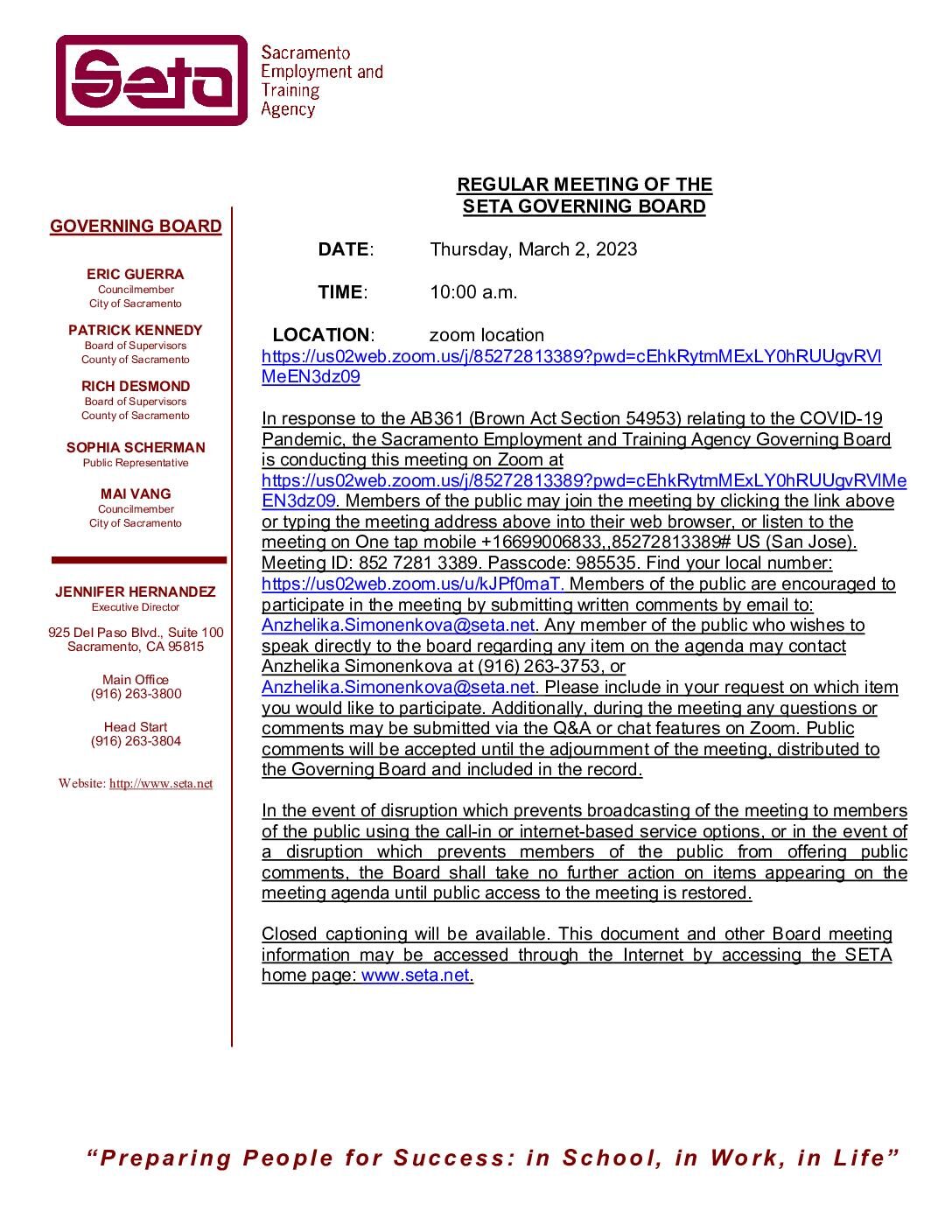 Regular Meeting of the SETA Governing Board 03/02/2023