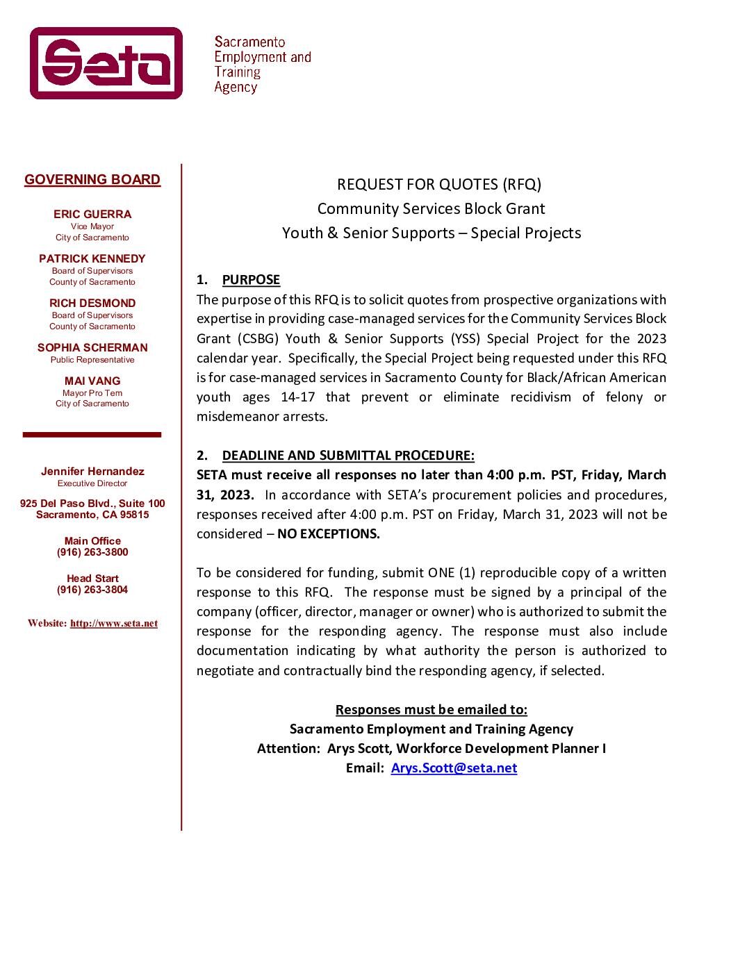 RFQ for Youth and Senior Support / Special Projects