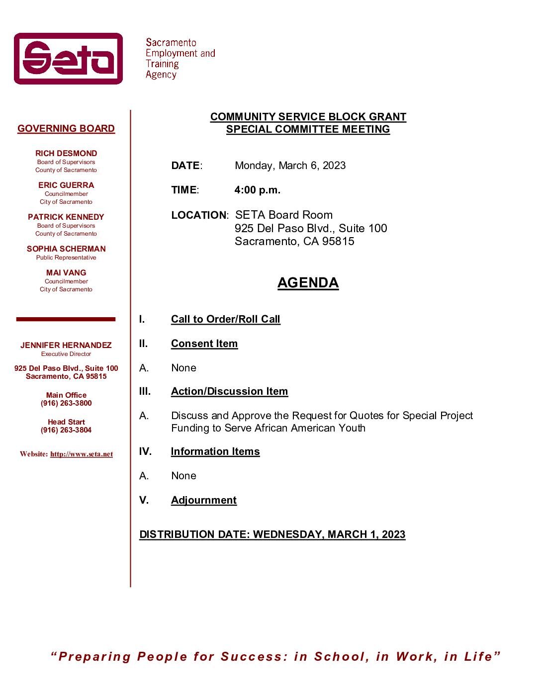 Special Meeting of the Community Service Block Grant Special Committee 03/06/2023