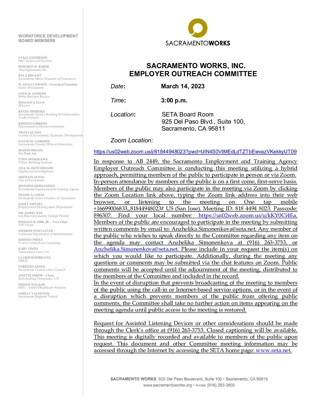 Sacramento Works Employer Outreach Committee 03/14/2023
