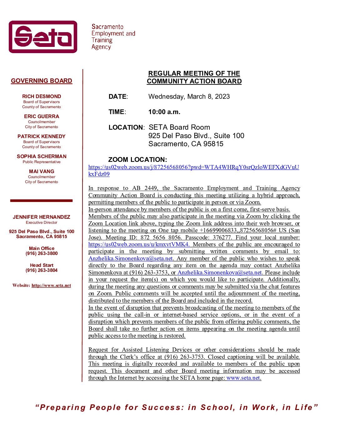 Regular Meeting of the Community Action Board 03/08/2023