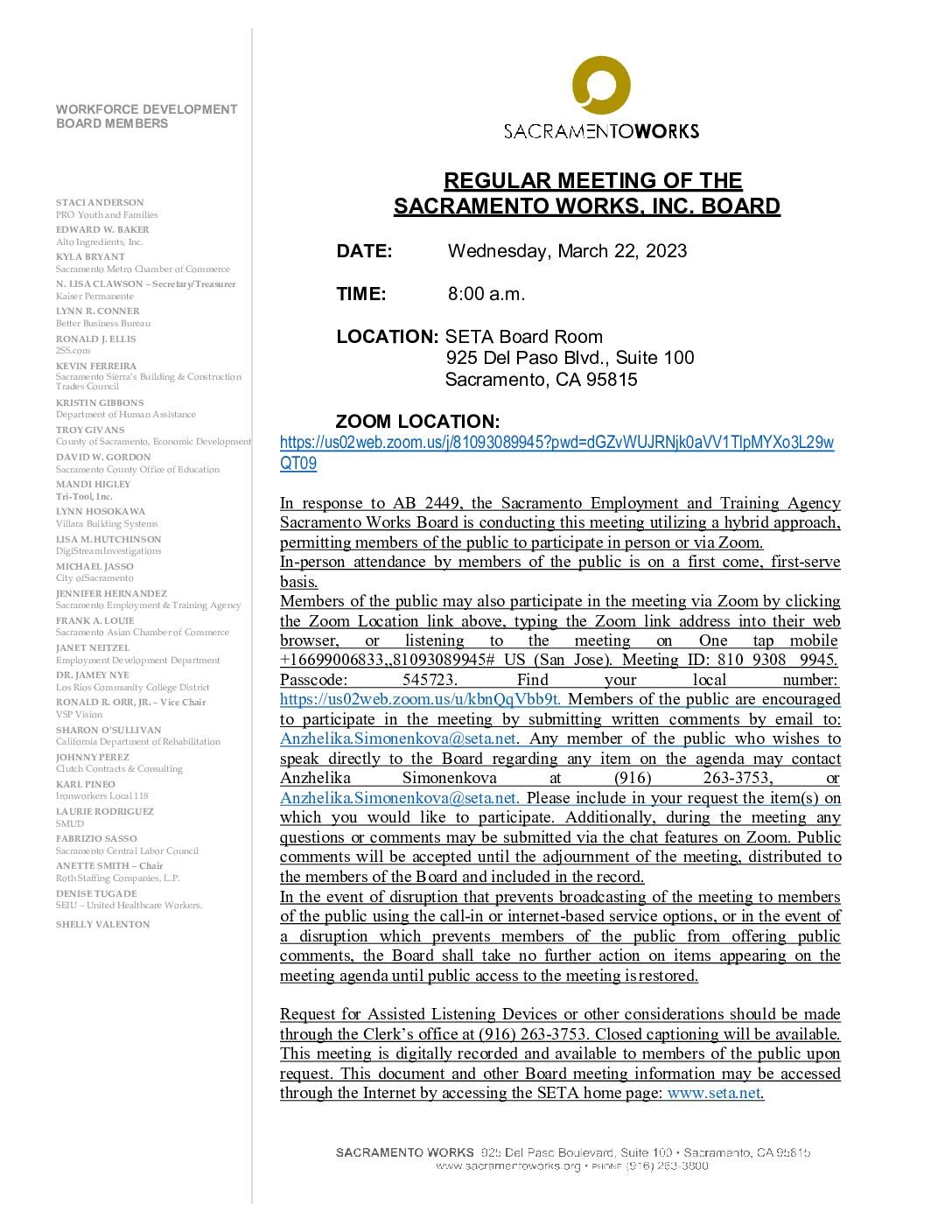 Sacramento Works Board 03/22/2023