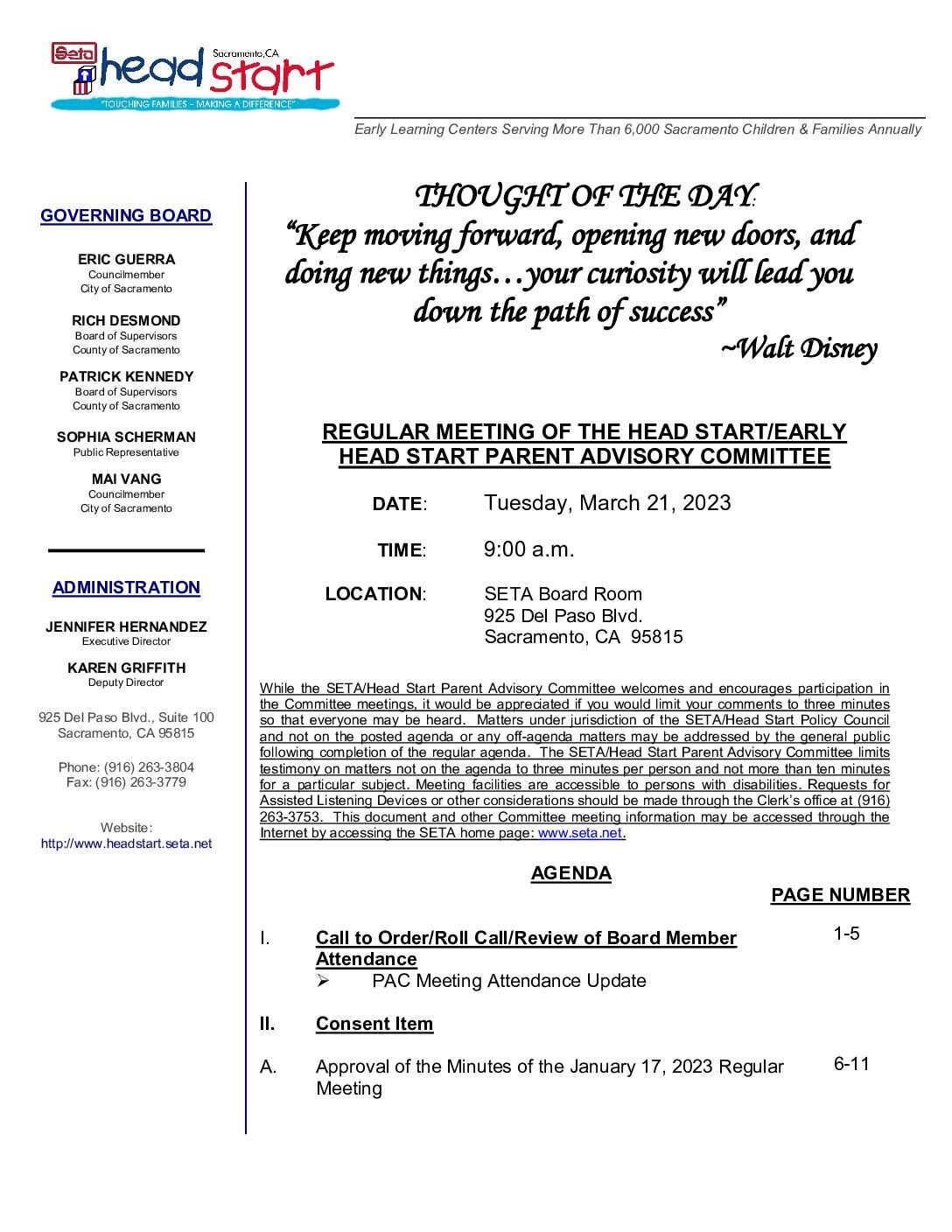Head Start/Early Head Start Parent Advisory Committee 03/21/2023