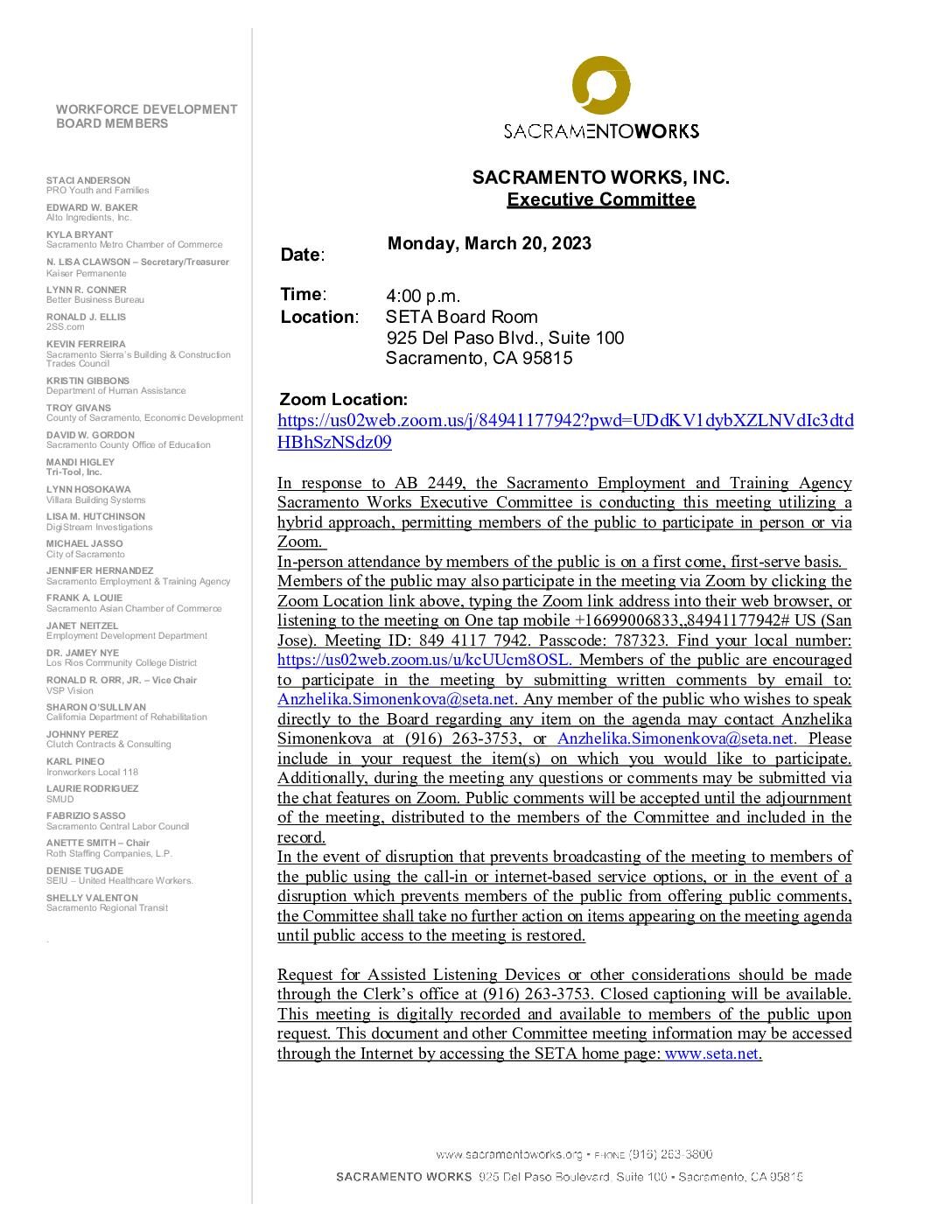 Sacramento Works Executive Committee 03/20/2023