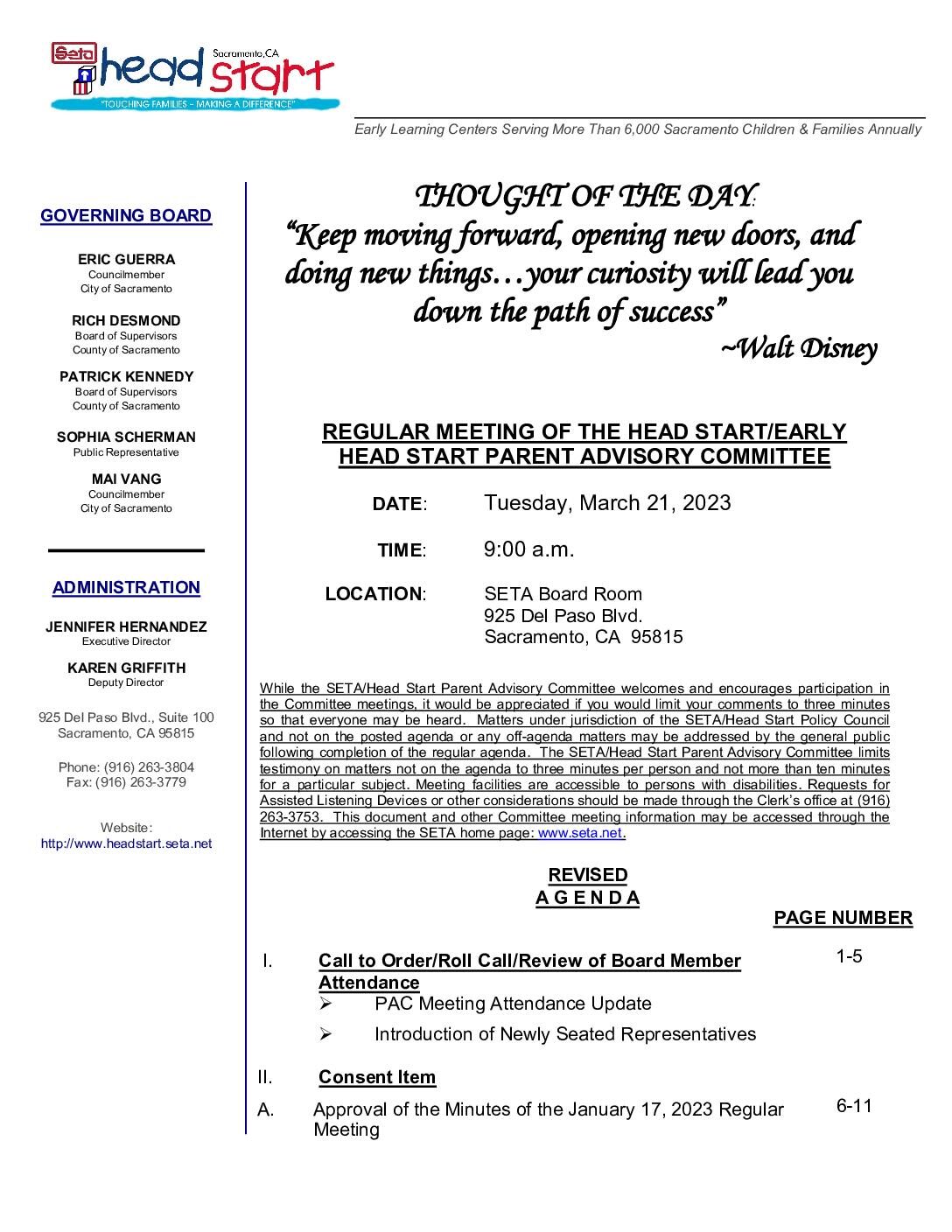 Revised Agenda/Head Start/Early Head Start Parent Advisory Committee 03/21/2023