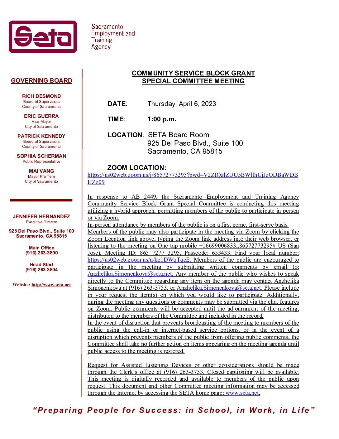 Special Meeting of the Community Service Block Grant Special Committee 04/05/2023