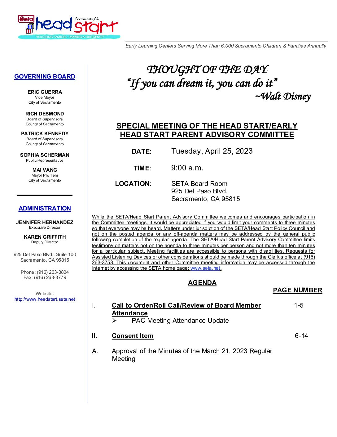 Special Meeting of the Head Start/Early Head Start Parent Advisory Committee 04/25/2023