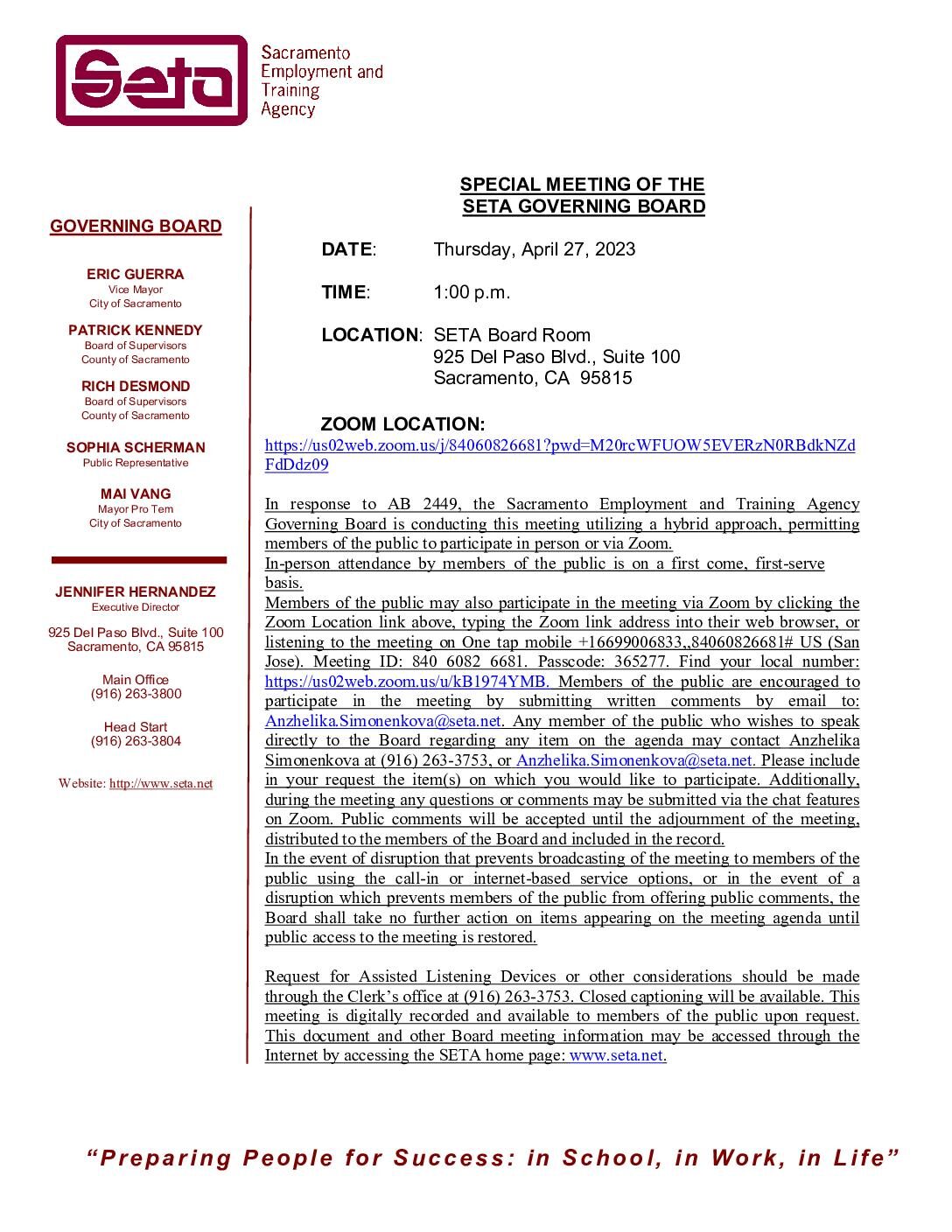 Revised Agenda – Special Meeting of the SETA Governing Board 04/27/2023