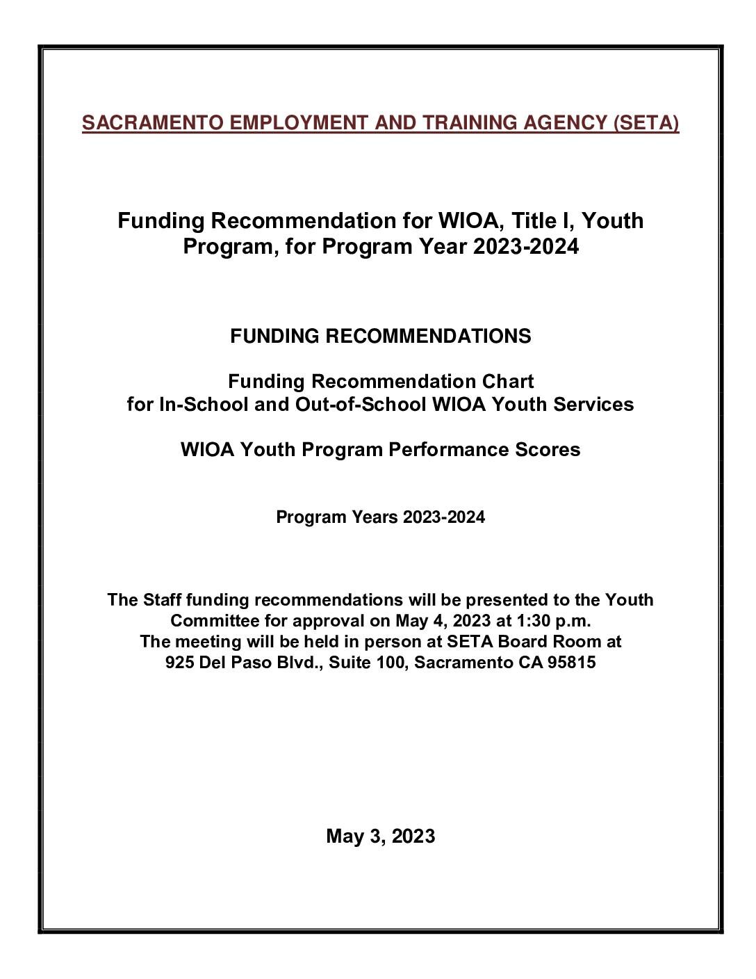 Funding Recommendation for WIOA, Title I, Youth Program, for Program Year 2023/2024