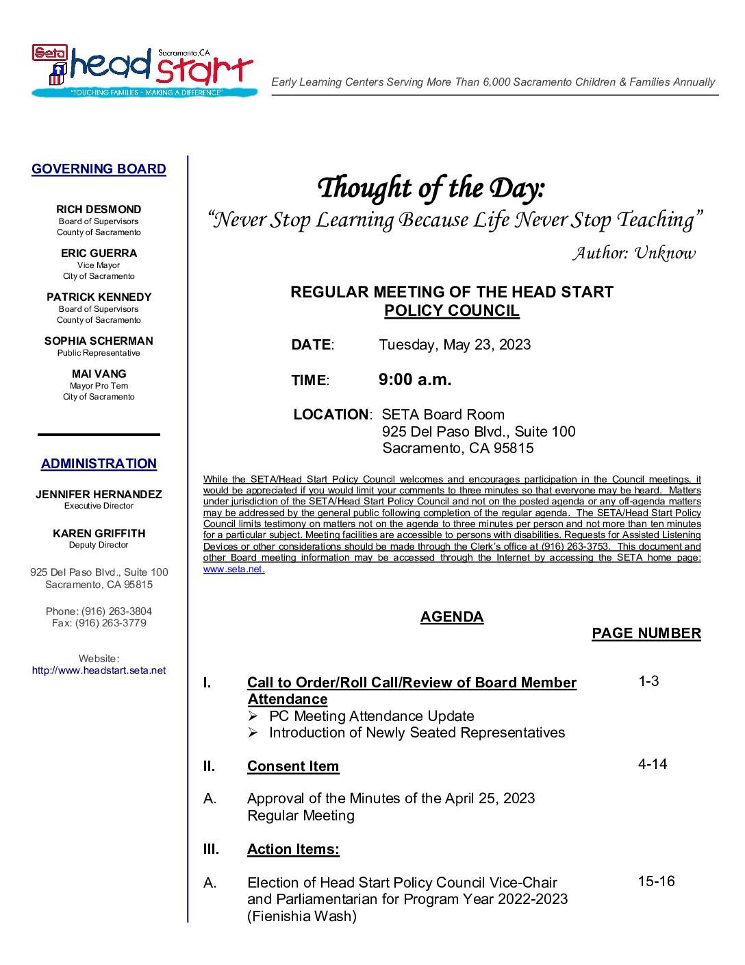 Head Start/Early Head Start Policy Council 05/23/2023
