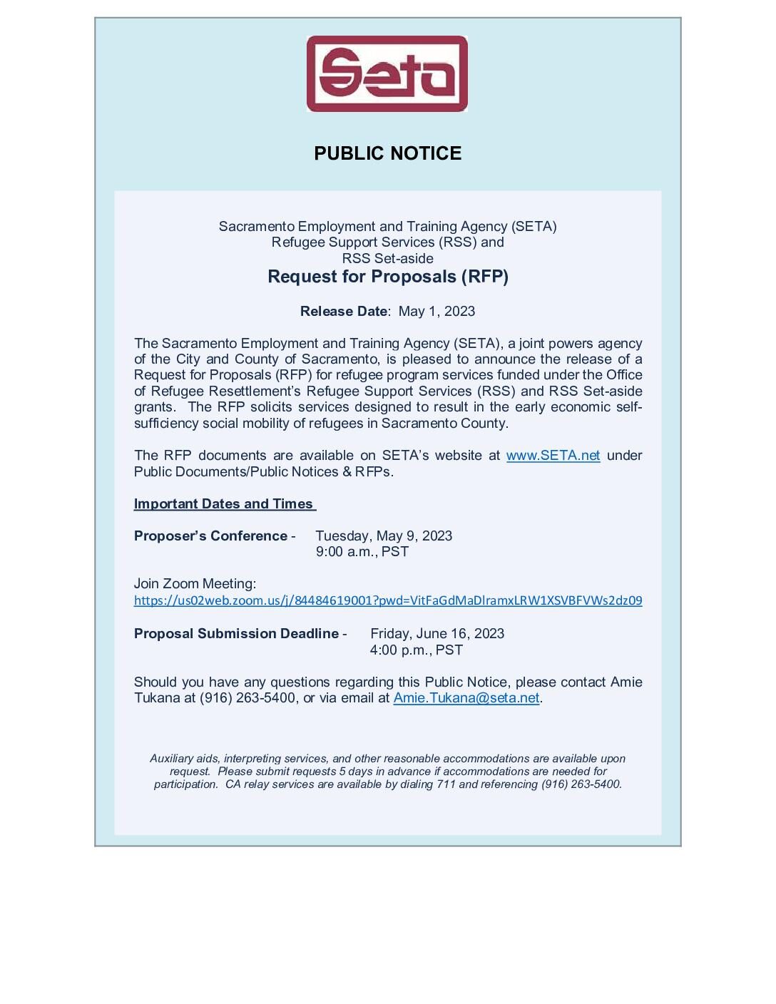 Public Notice / Release of 2023 RSS RFP (5/1/23)