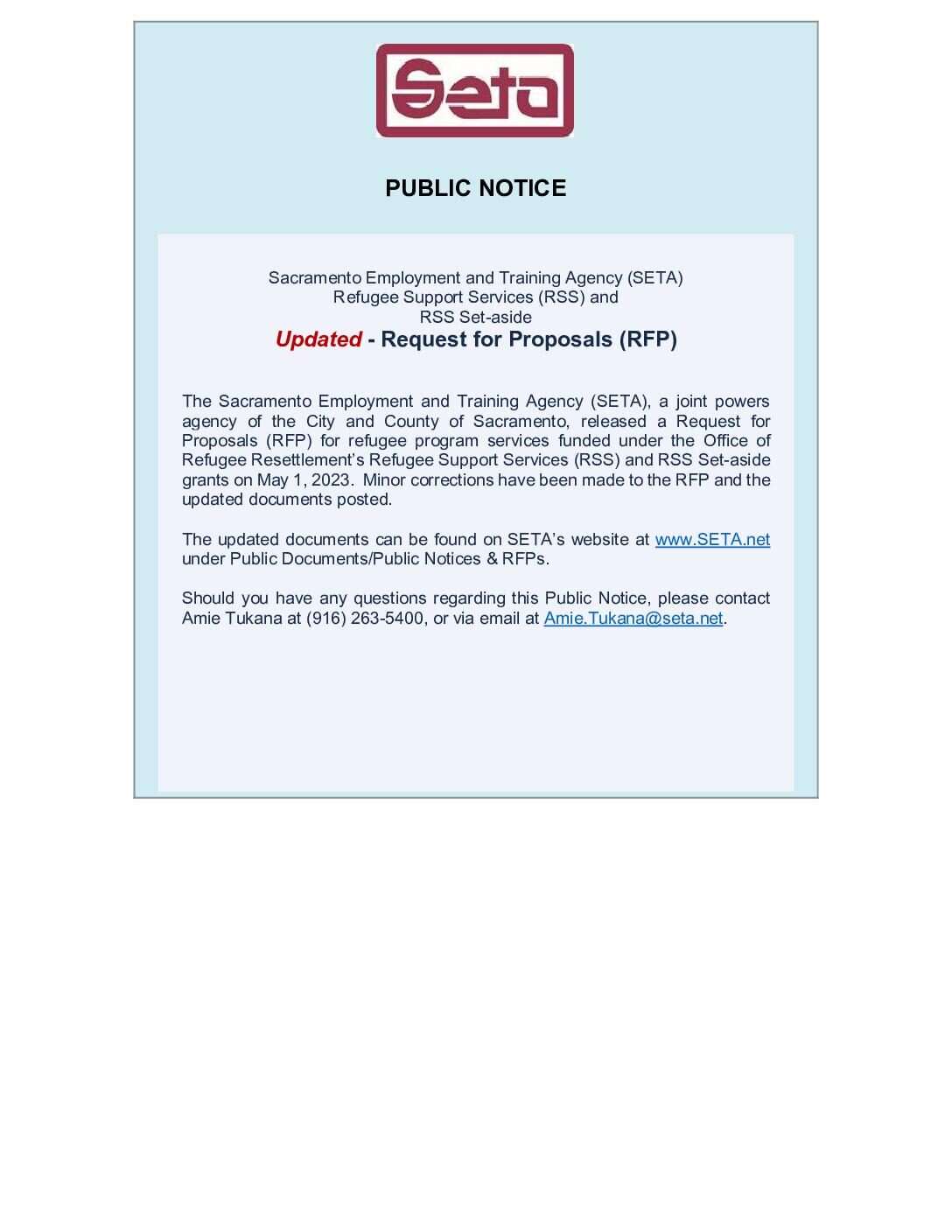 Public Notice / Posting of Updated 2023 RSS RFP (5/9/23)