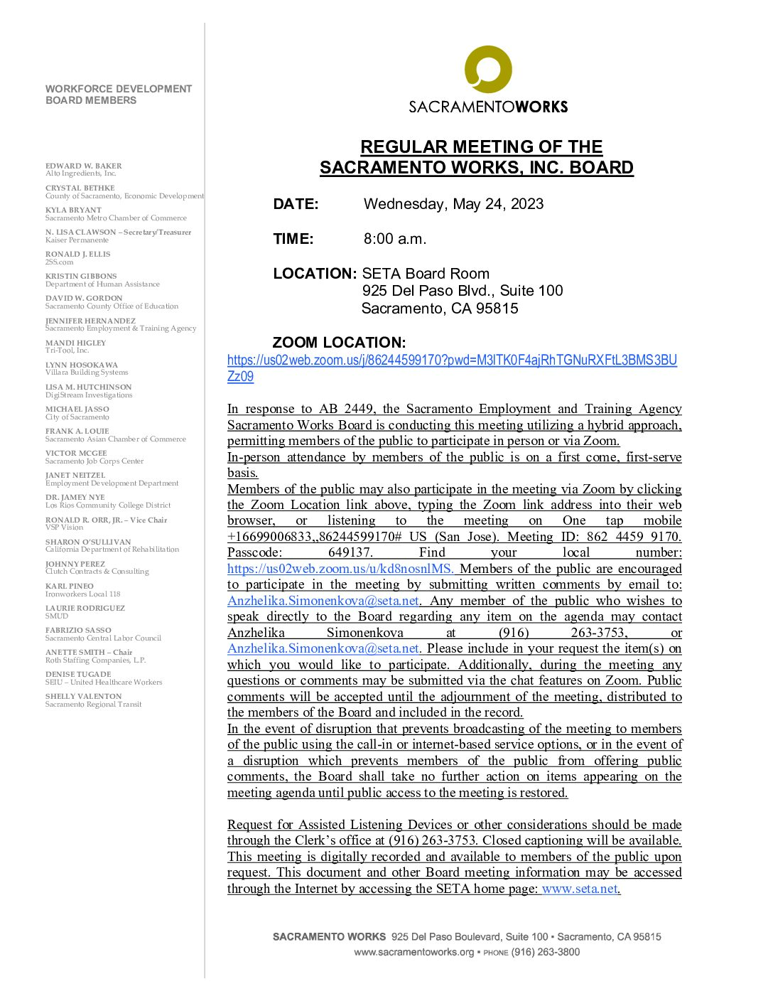 Sacramento Works Board 05/24/2023