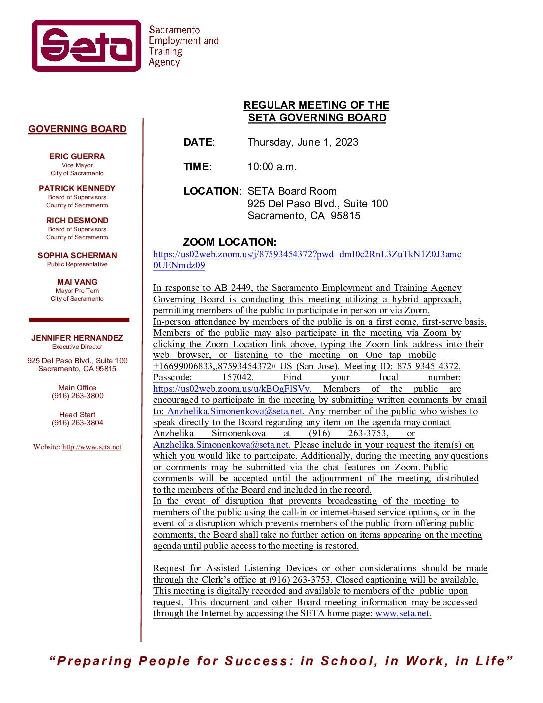 Regular Meeting of the SETA Governing Board 06/01/2023