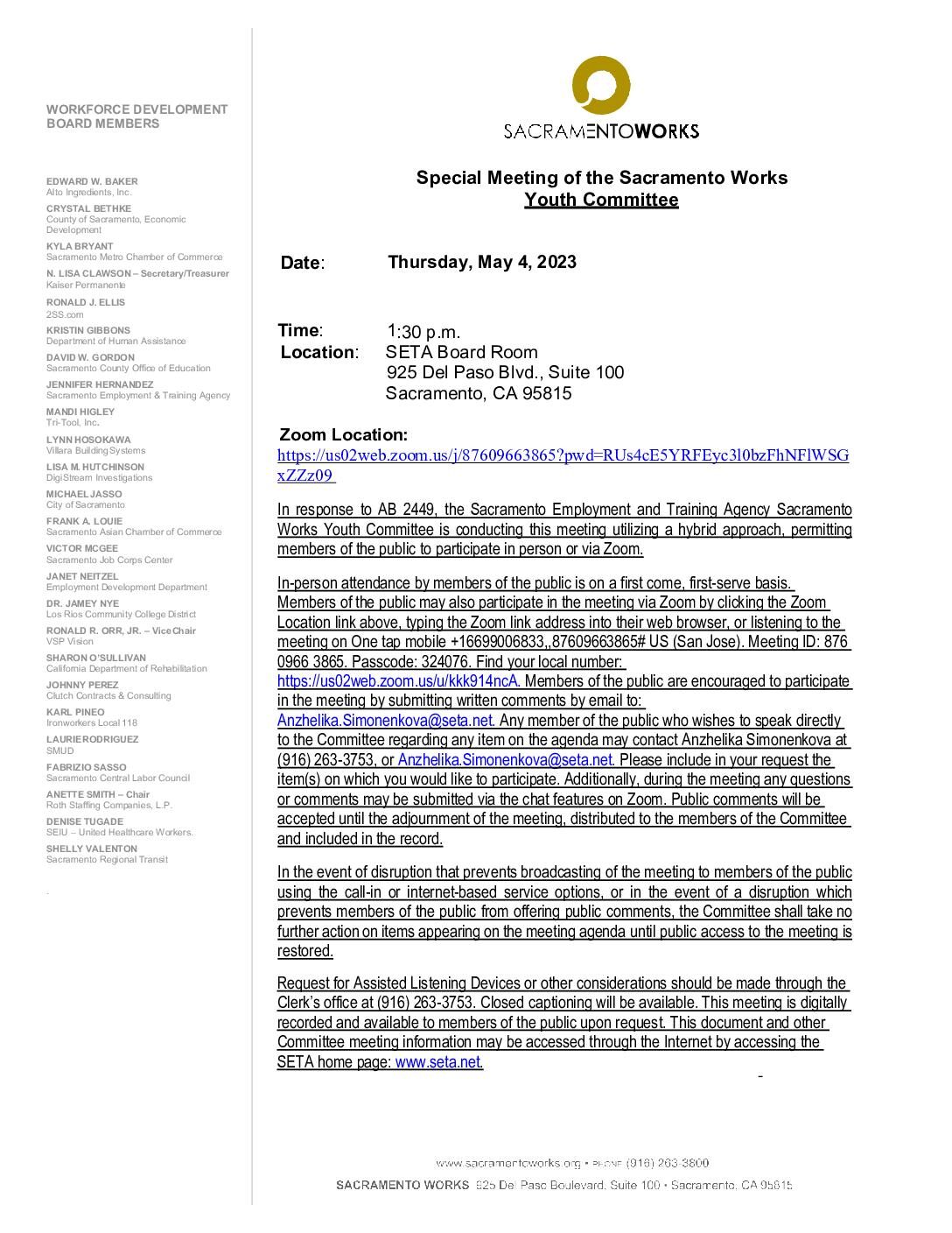 Special Meeting of the Sacramento Works Youth Committee 05/04/2023