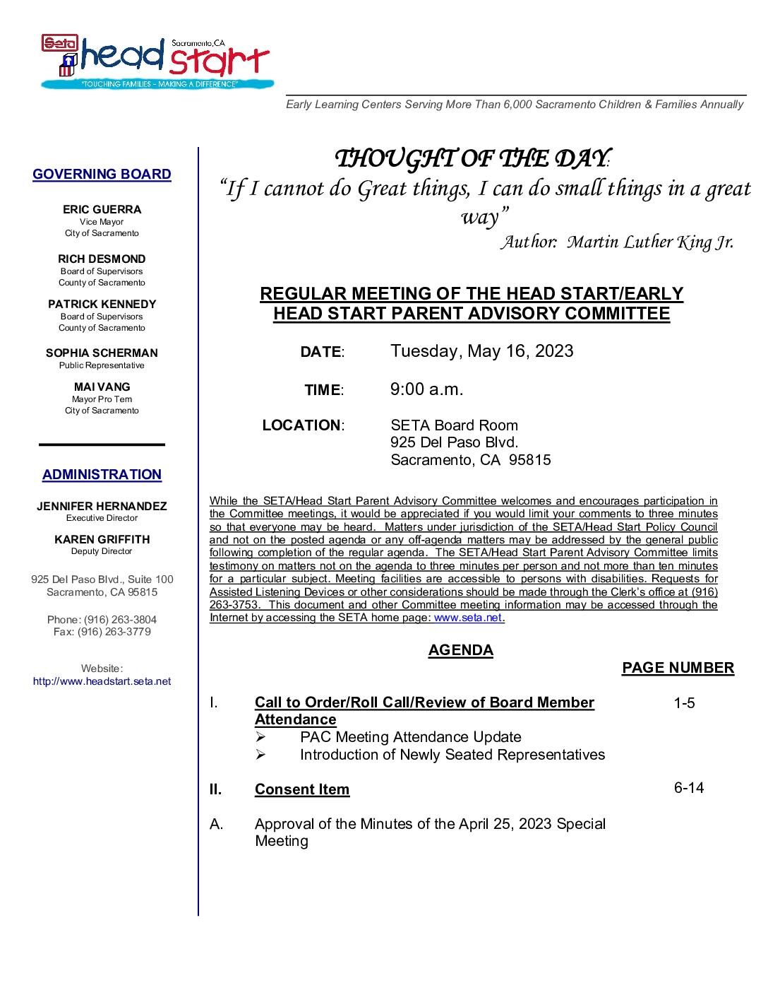 Head Start/Early Head Start Parent Advisory Committee 05/16/2023