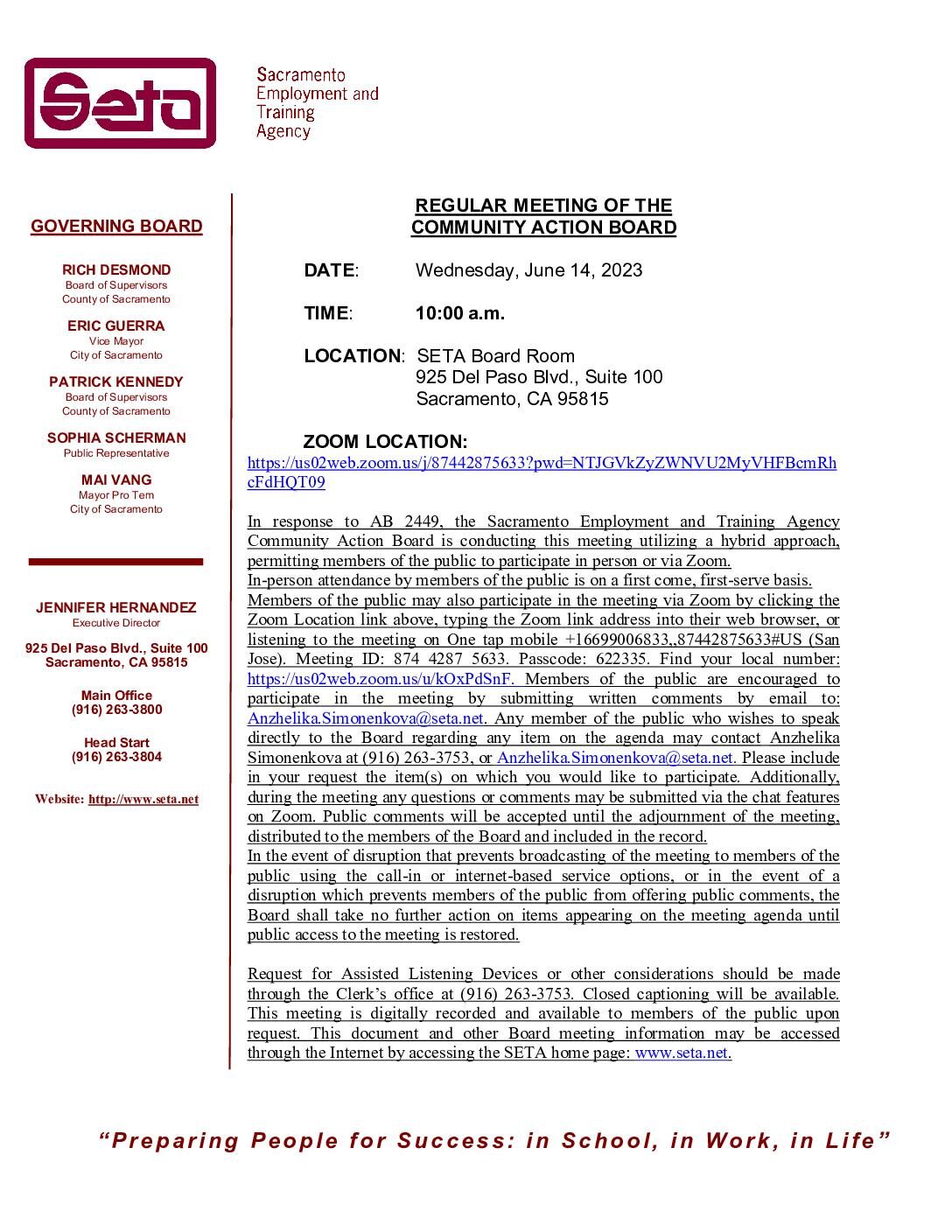 Regular Meeting of the Community Action Board 06/14/2023