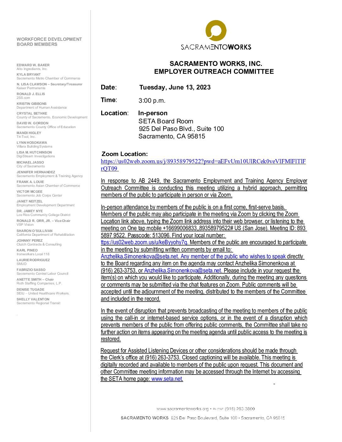 Sacramento Works Employer Outreach Committee 06/13/2023