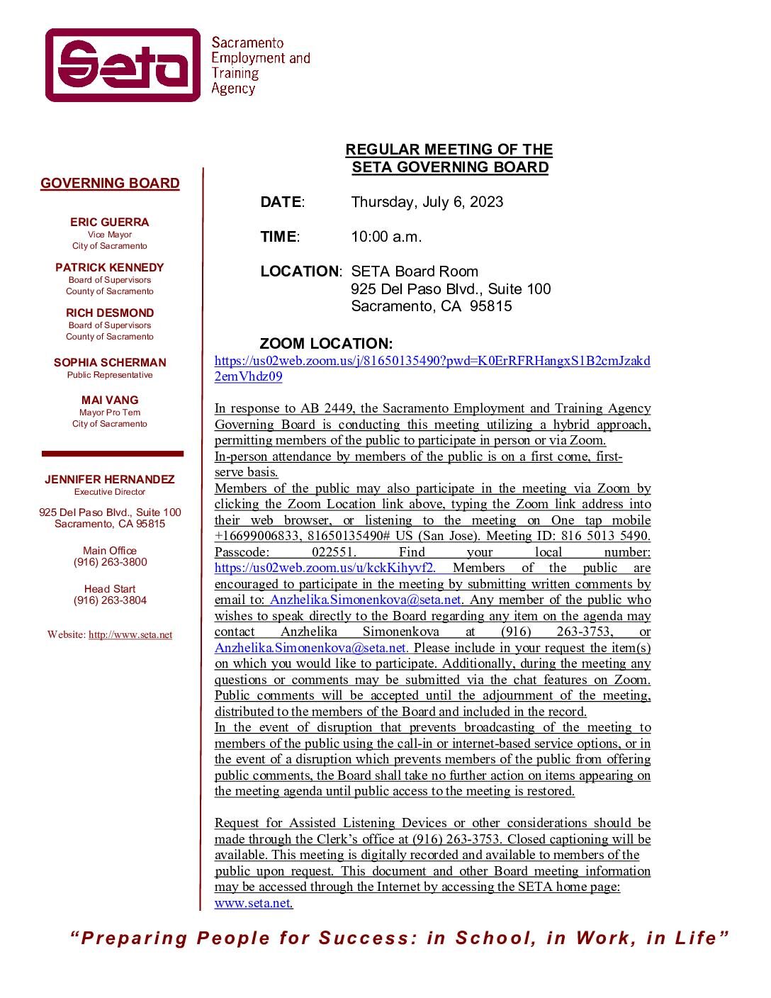 Regular Meeting of the SETA Governing Board 07/06/2023