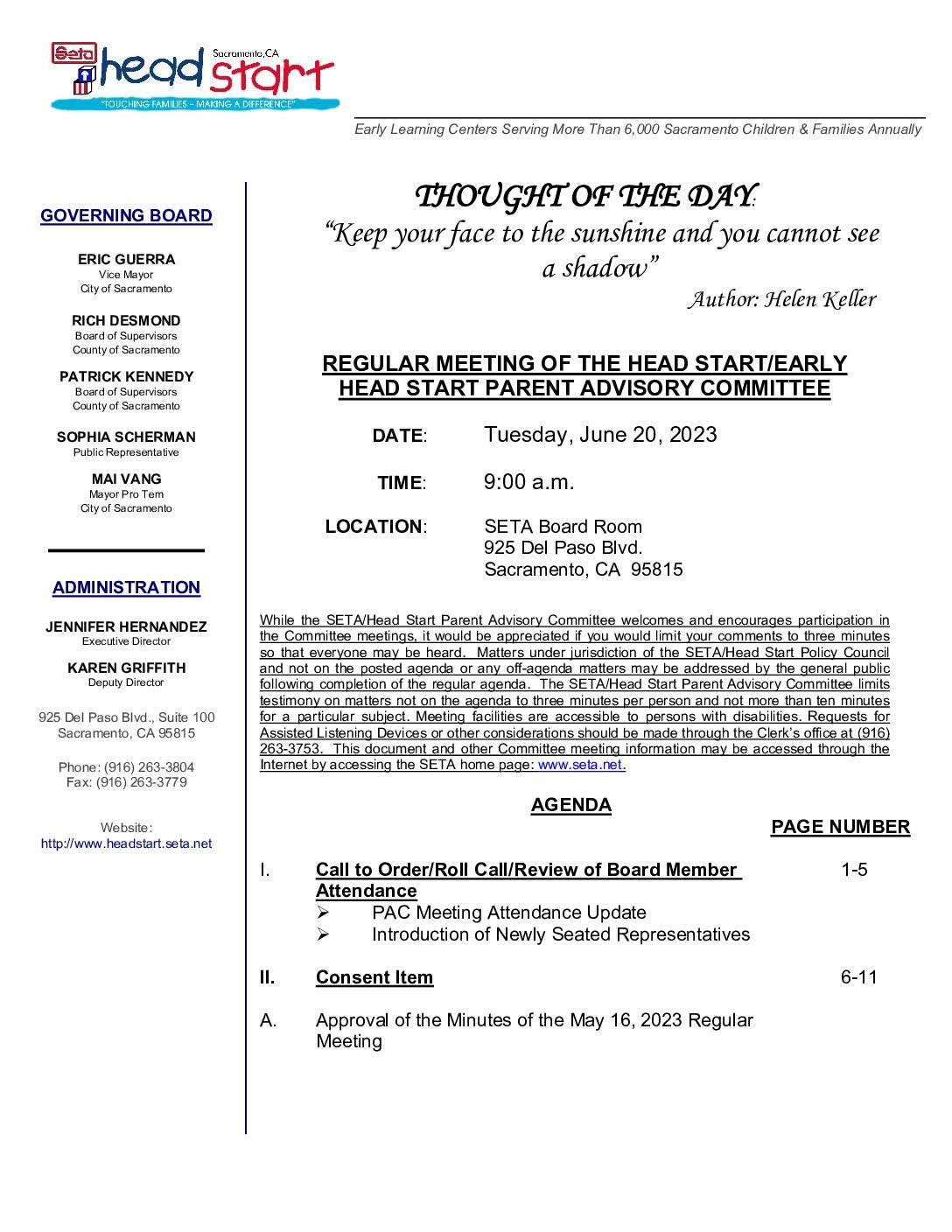Head Start/Early Head Start Parent Advisory Committee 06/20/2023