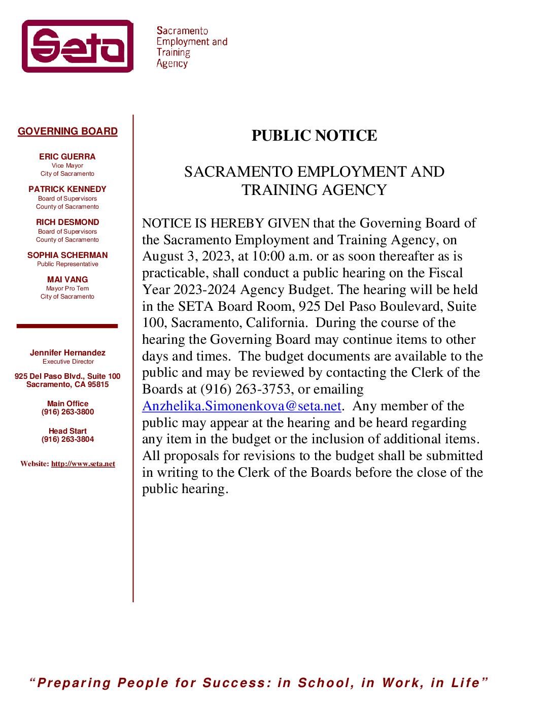 Public Notice: SETA Budget Hearing FY2023/2024