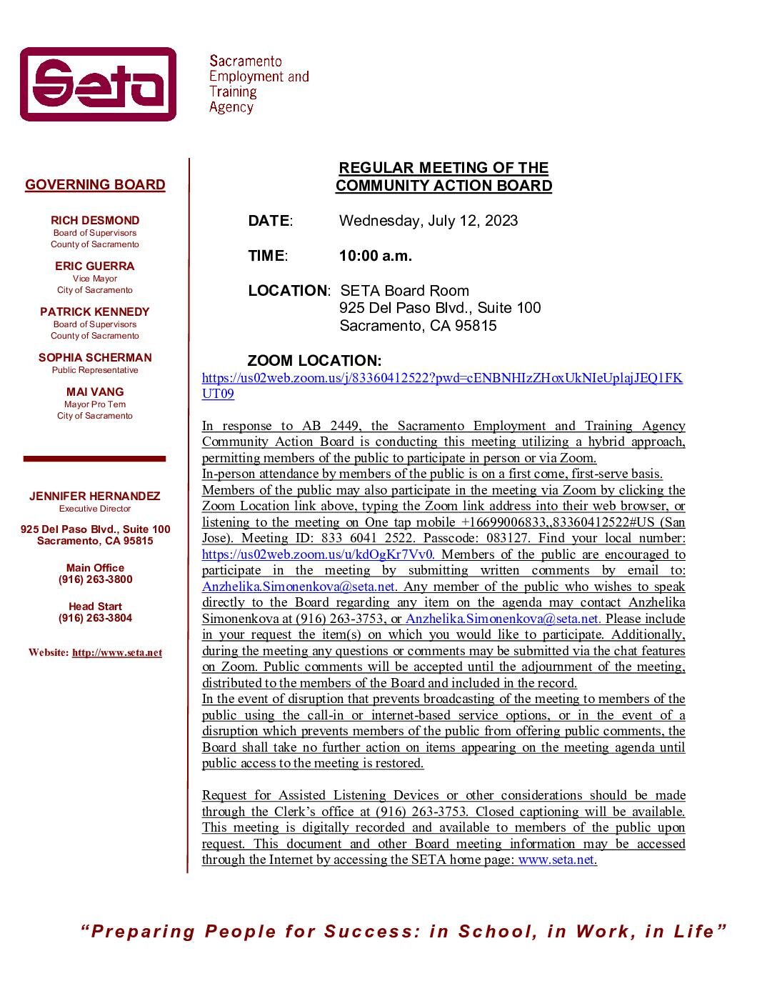 Regular Meeting of the Community Action Board 07/12/2023