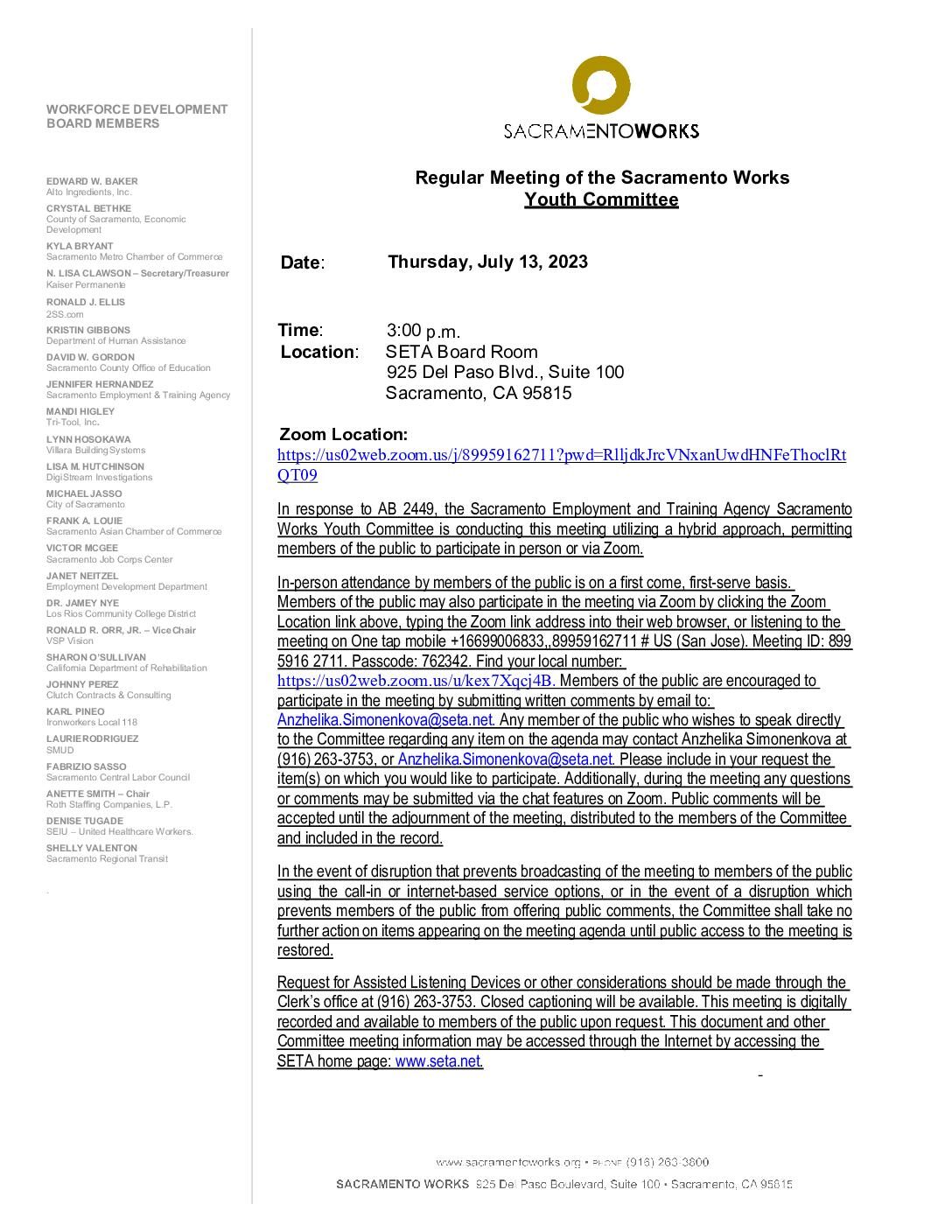 Sacramento Works Youth Committee 07/13/2023