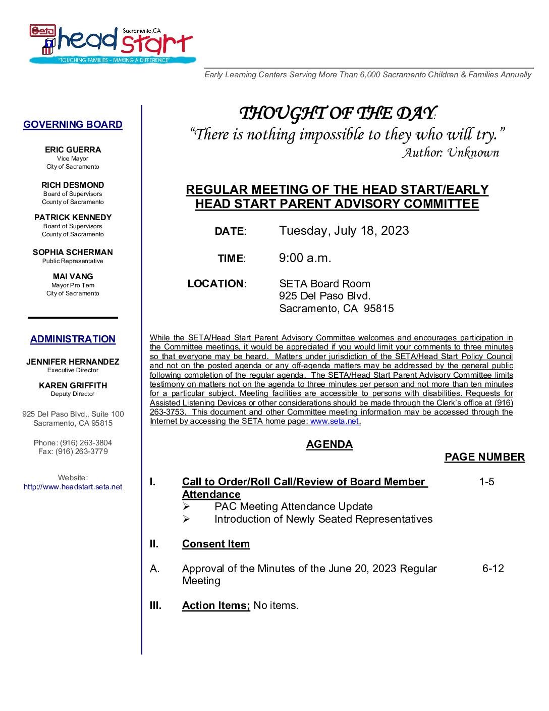 Head Start/Early Head Start Parent Advisory Committee 7/18/2023