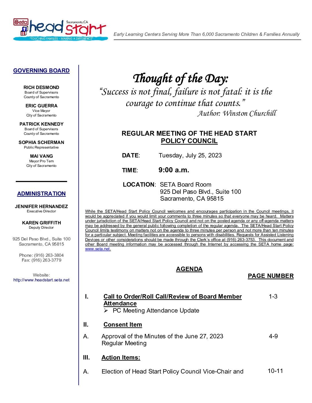 Head Start/Early Head Start Policy Council 07/25/2023