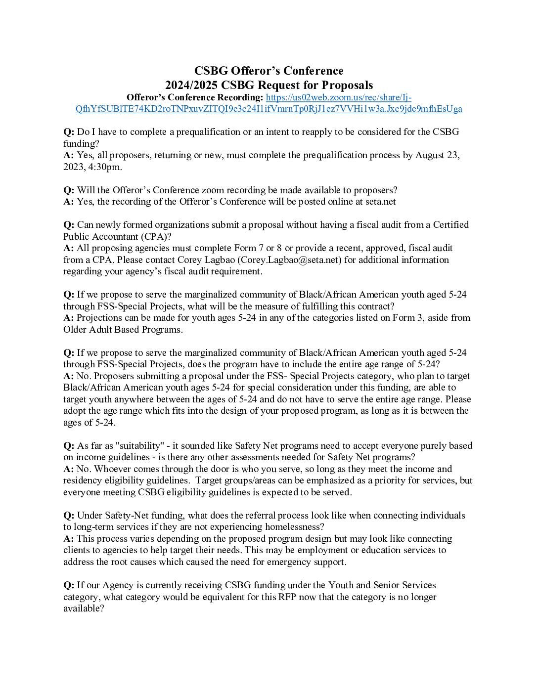 2024 CSBG RFP Offeror’s Conference Q&A