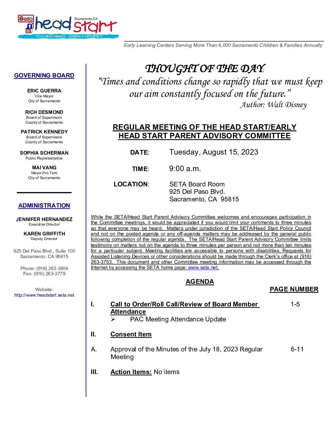 Head Start/Early Head Start Parent Advisory Committee 08/15/2023