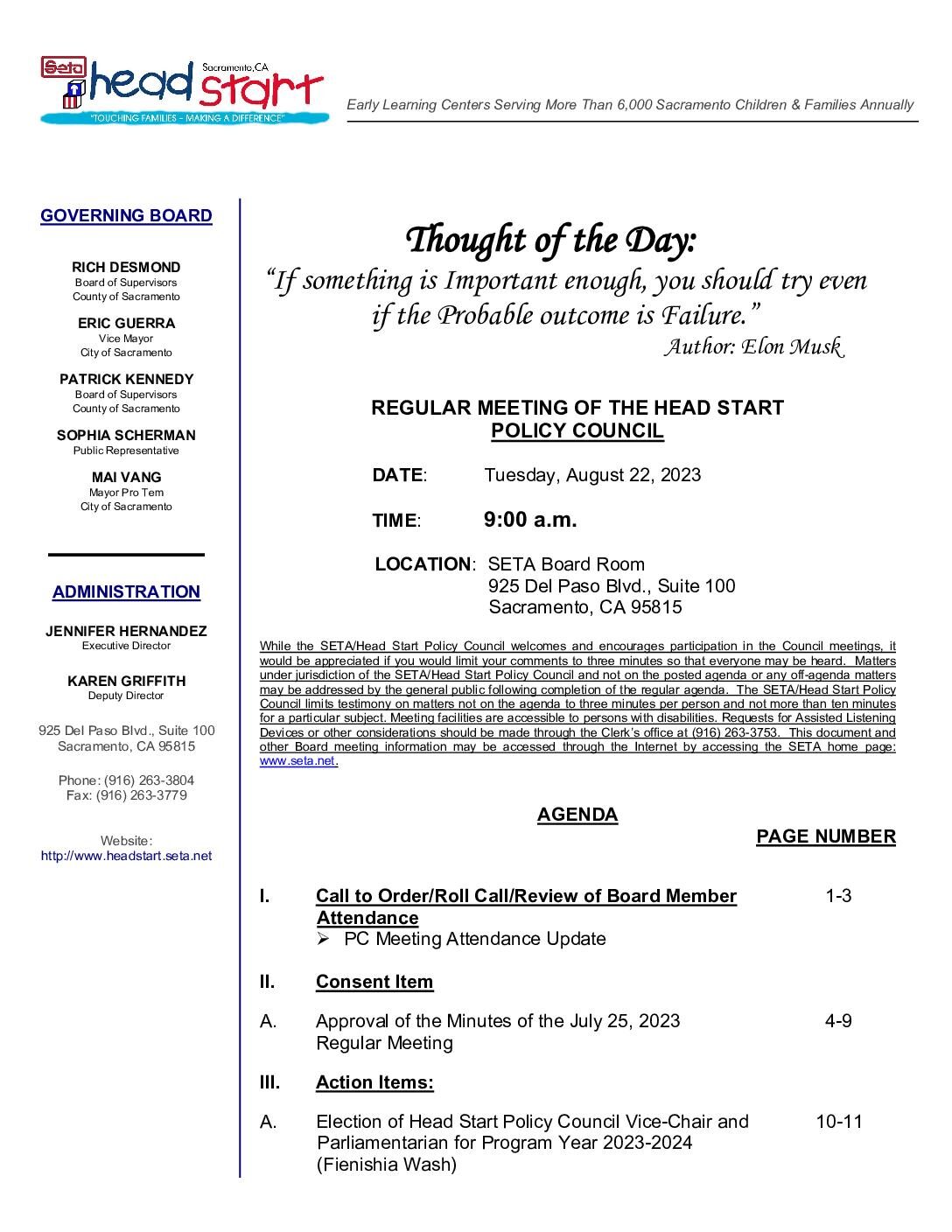 Head Start/Early Head Start Policy Council 08/22/2023