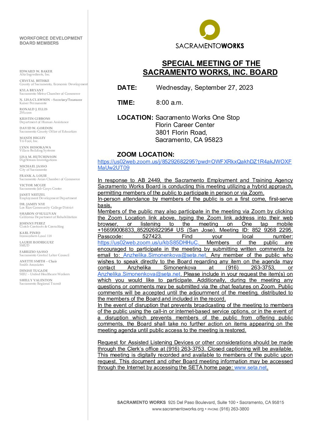 Special Meeting of the Sacramento Works Board 09/27/2023
