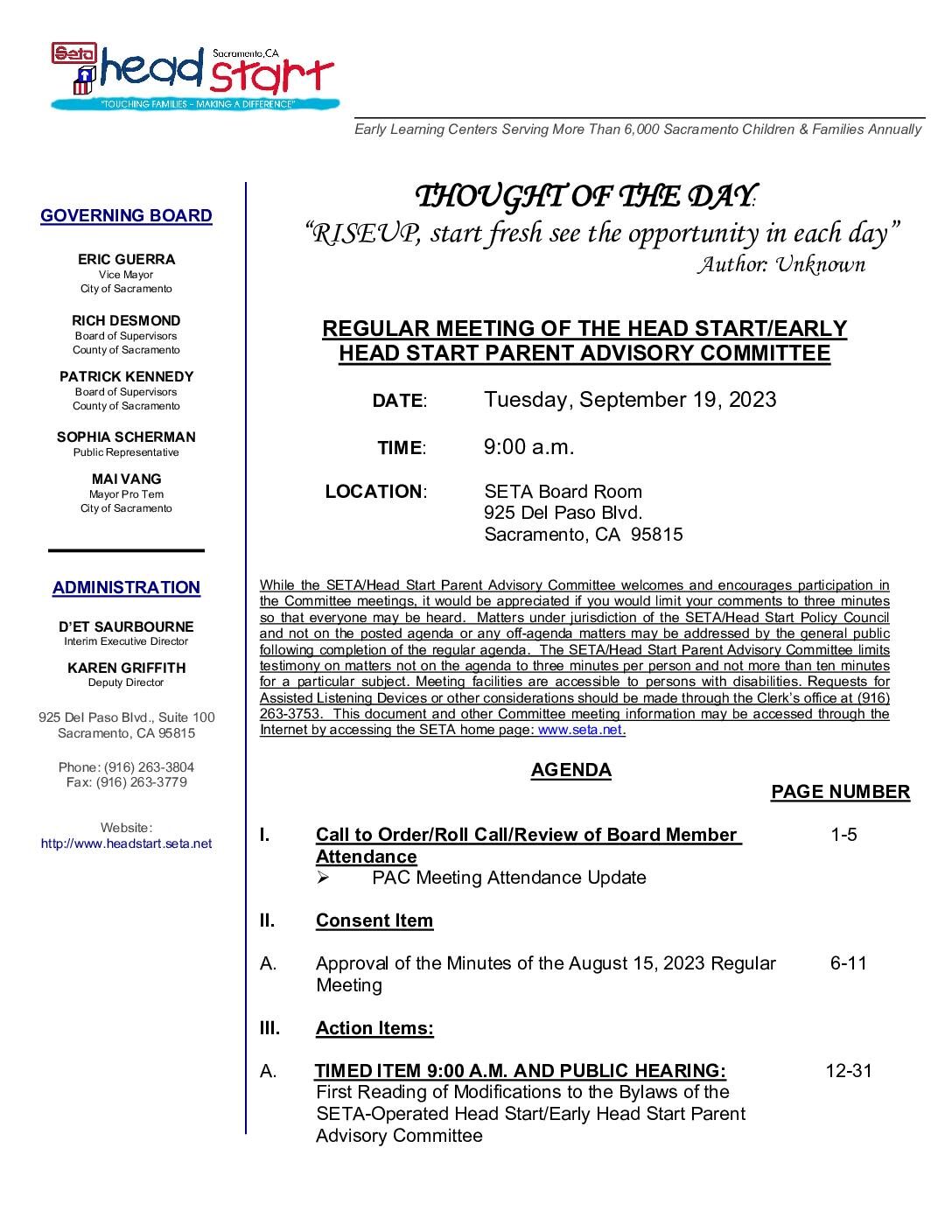 Head Start/Early Head Start Parent Advisory Committee 9/19/2023