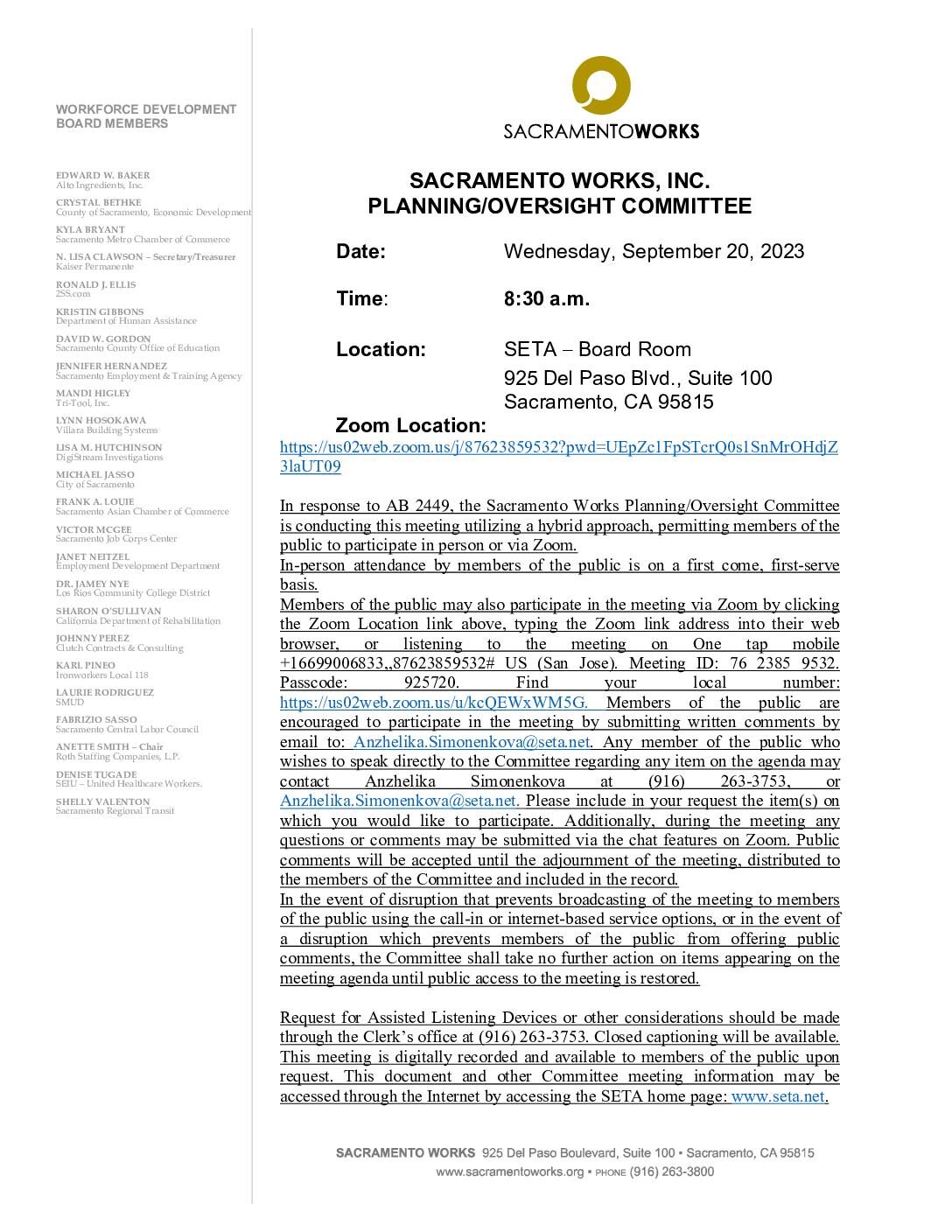 Sacramento Works Planning/Oversight Committee 09/20/2023