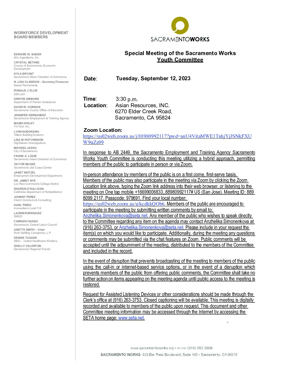 Special Meeting of the Sacramento Works Youth Committee 09/12/2023