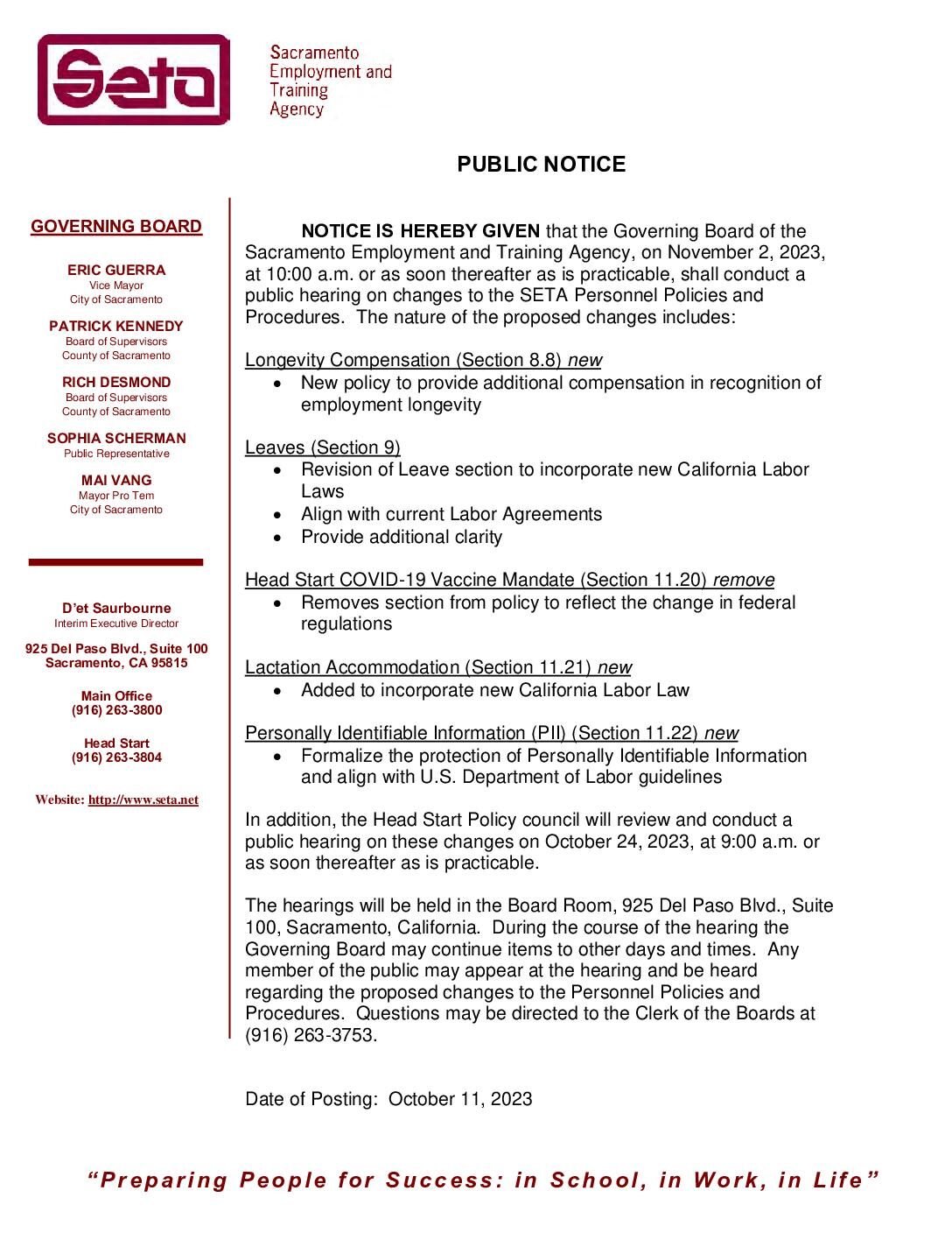 Public Notice of changes to the SETA Personnel Policy and Procedures / October 2023