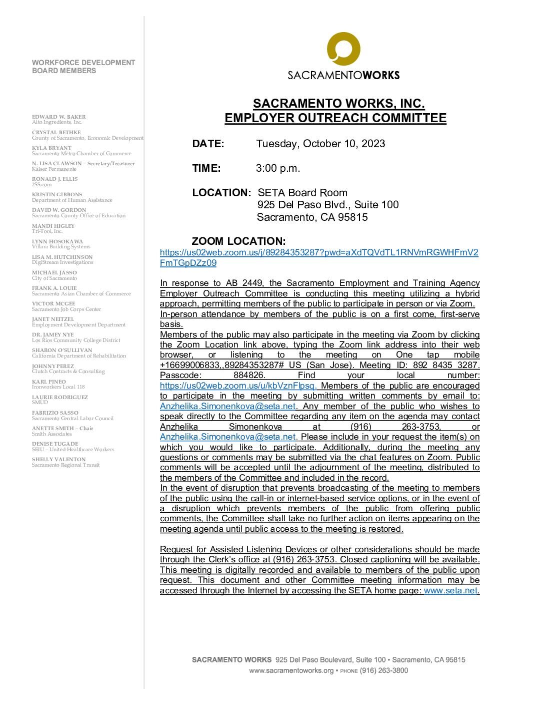 Sacramento Works Employer Outreach Committee 10/10/2023